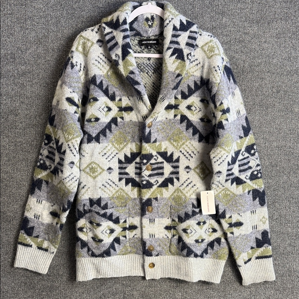 Lucky Brand Gray Patterned Men’s Large Cardigan with Gray Navy & Olive NWT